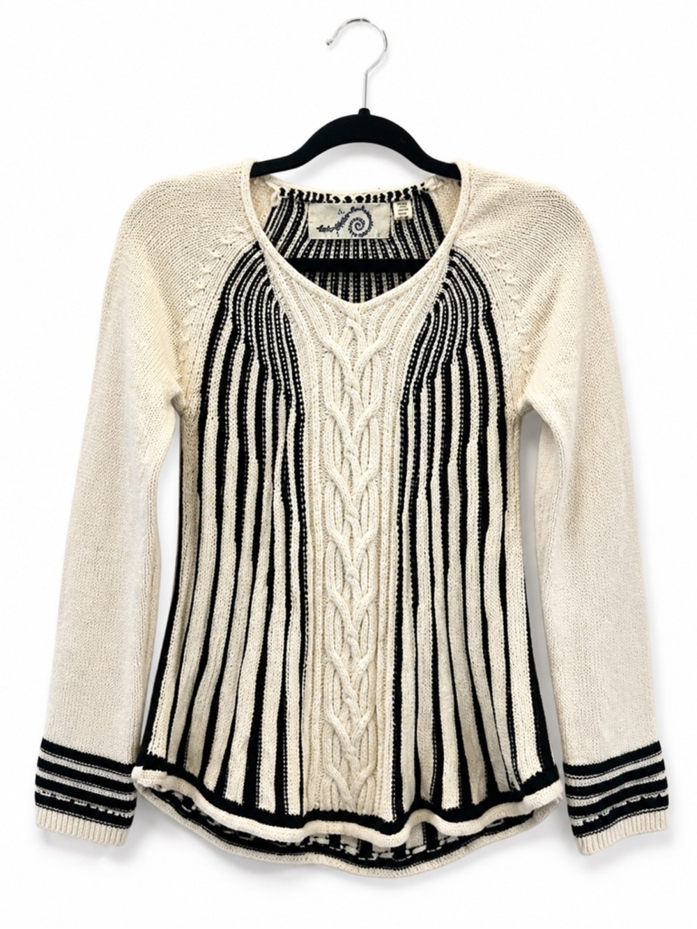 Rosie Neira Anthropologie Cable Knit Sweater XS Black Ivory Boho